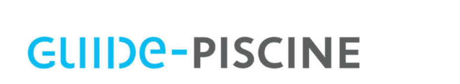 Logo de "Guide-Piscine" avec texte stylisé en bleu et noir.